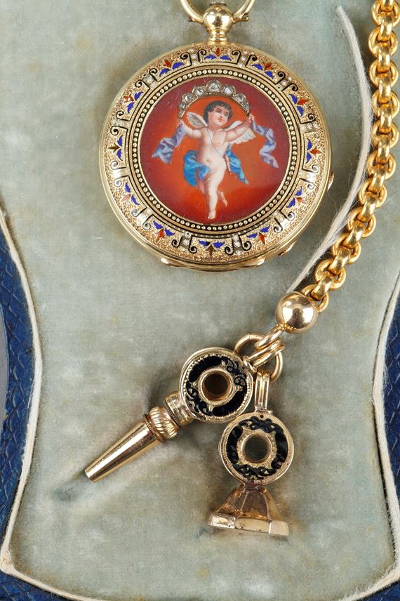 Gold enamel chatelaine with Frères Junod&#39; watch | MasterArt